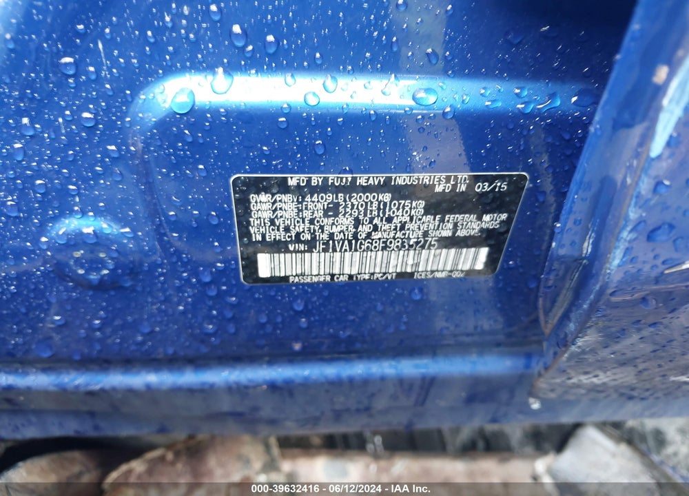 2015 SUBARU WRX LIMITED VIN: JF1VA1G68F9835275