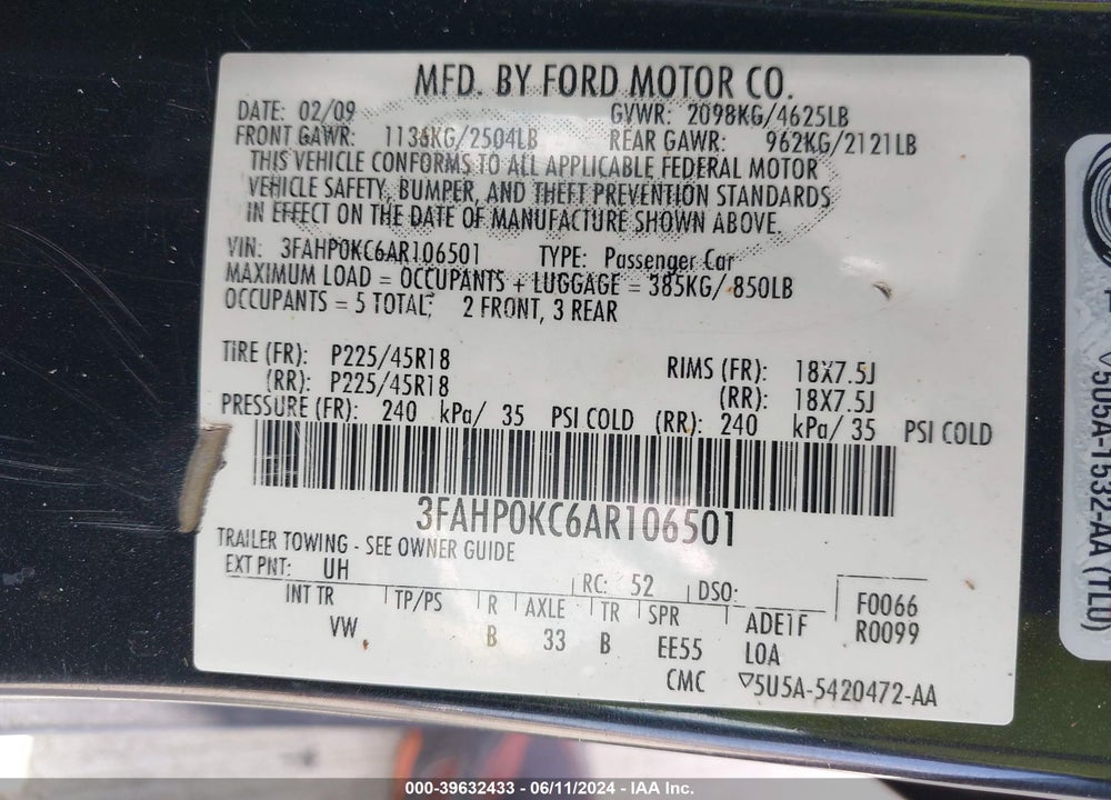 2010 FORD FUSION SPORT VIN: 3FAHP0KC6AR106501