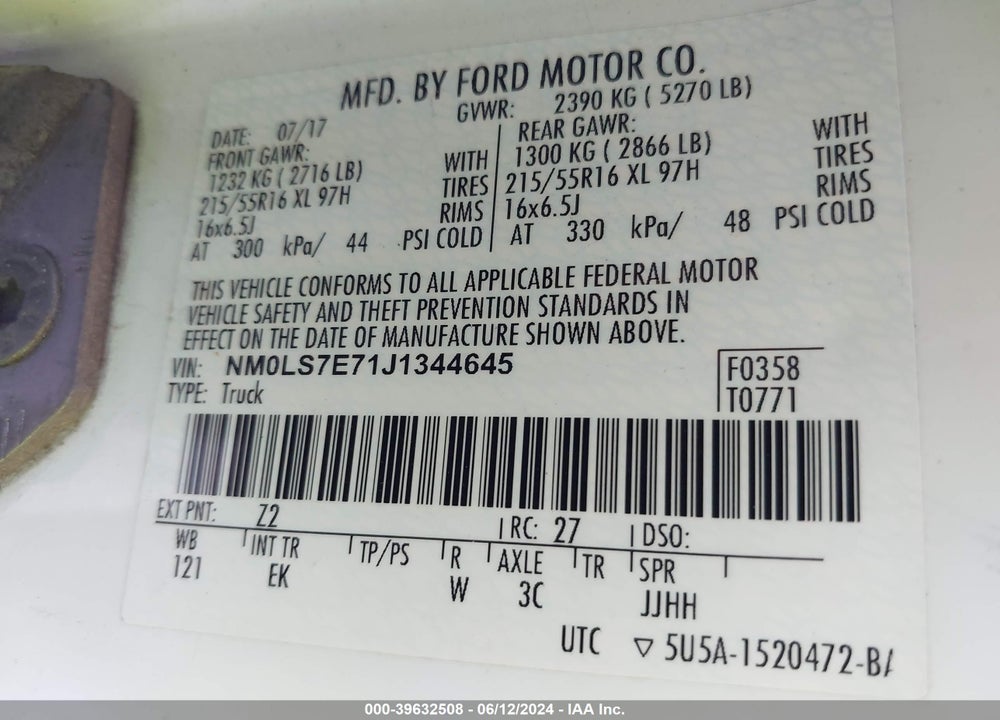 2018 FORD TRANSIT CONNECT XL VIN: NM0LS7E71J1344645