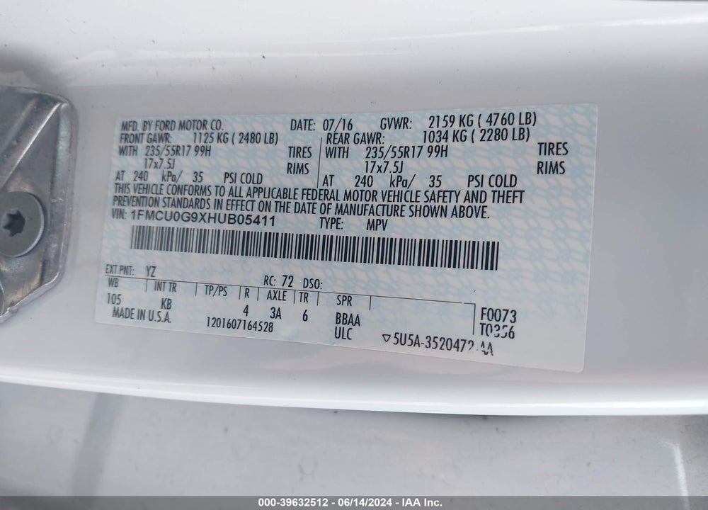2017 FORD ESCAPE SE VIN: 1FMCU0G9XHUB05411
