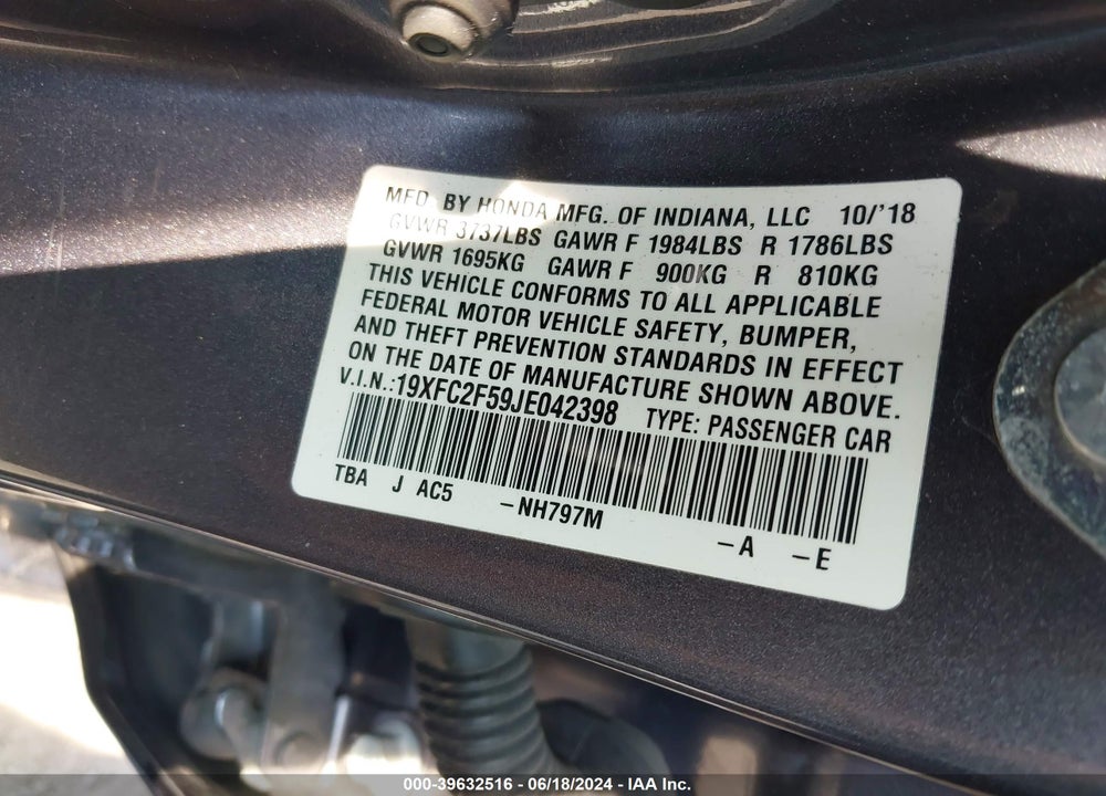 2018 HONDA CIVIC LX VIN: 19XFC2F59JE042398