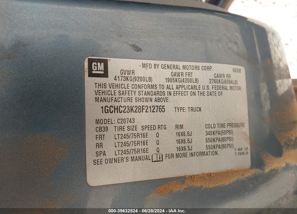 2008 CHEVROLET SILVERADO 2500HD WORK TRUCK VIN: 1GCHC23K28F212765