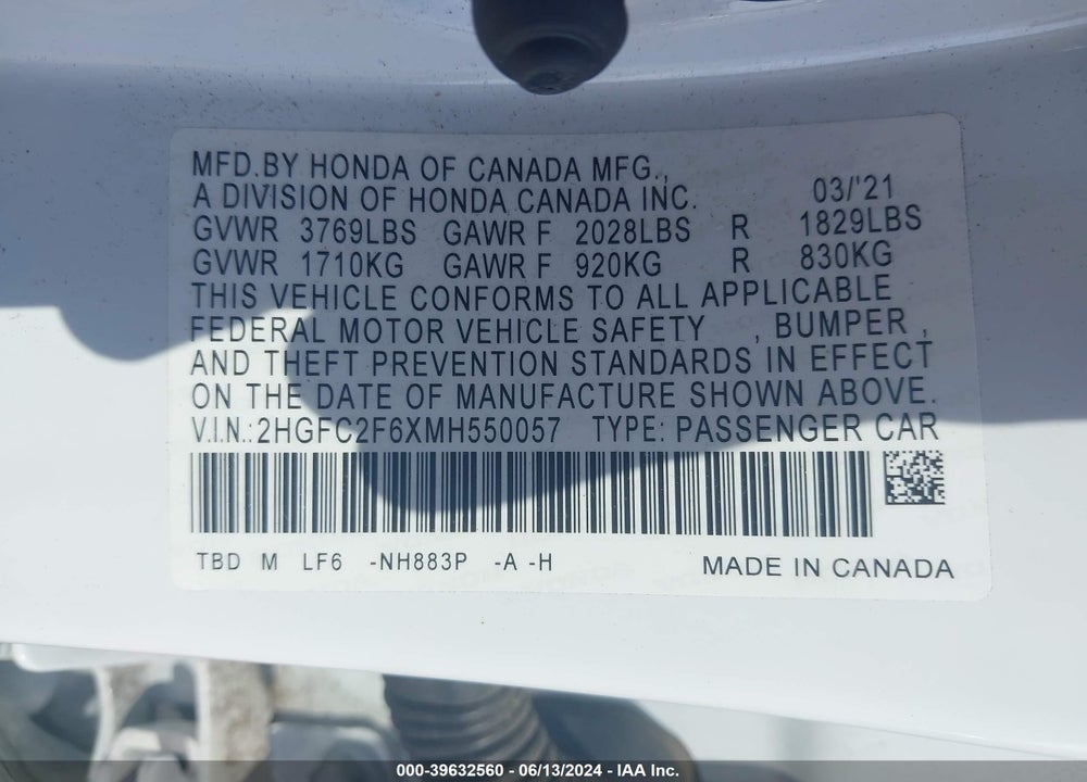 2021 HONDA CIVIC LX VIN: 2HGFC2F6XMH550057