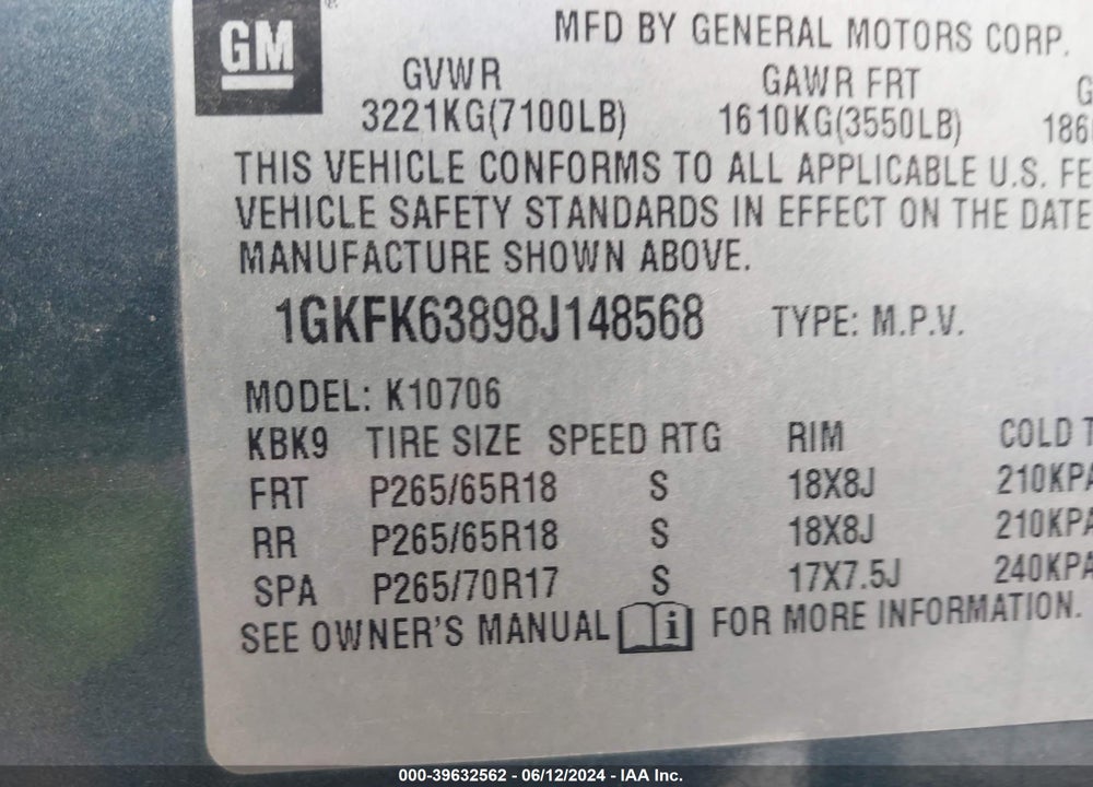 2008 GMC YUKON DENALI VIN: 1GKFK63898J148568