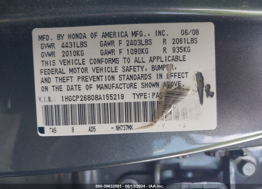 2008 HONDA ACCORD 2.4 EX-L VIN: 1HGCP26808A155219