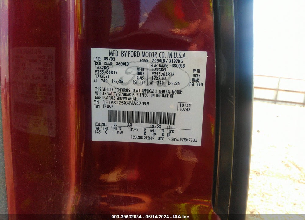 2004 FORD F-150 LARIAT/XL/XLT VIN: 1FTPX125X4NA47098