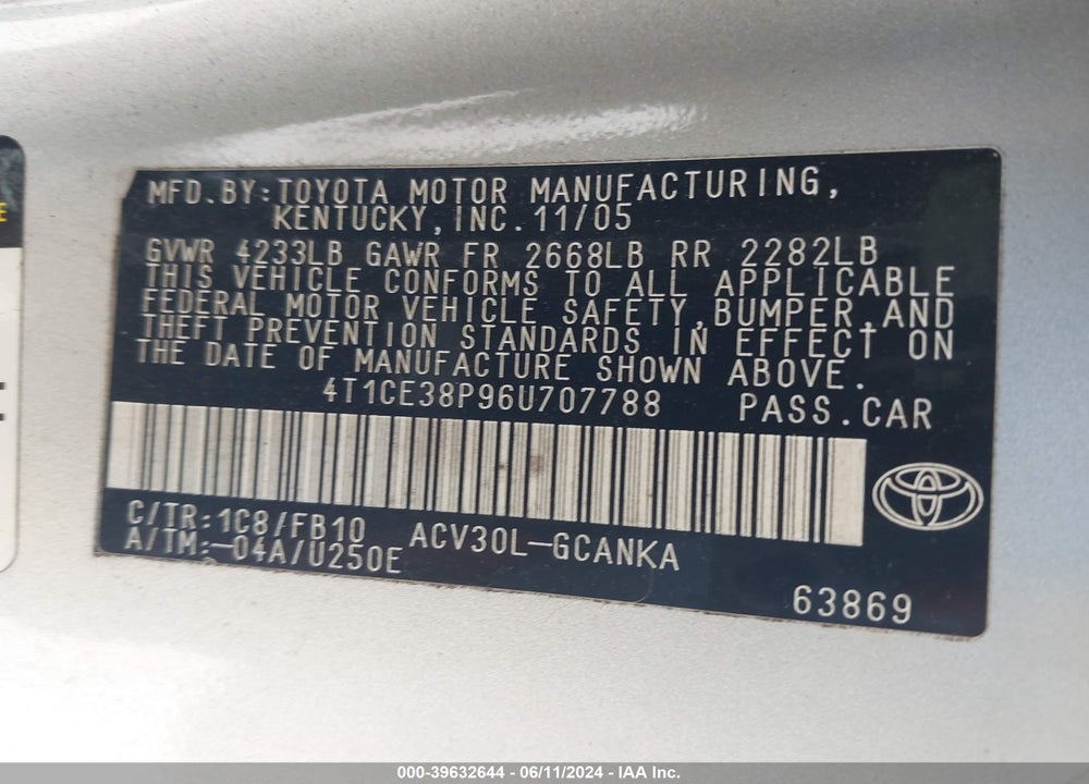 2006 TOYOTA CAMRY SOLARA SE VIN: 4T1CE38P96U707788