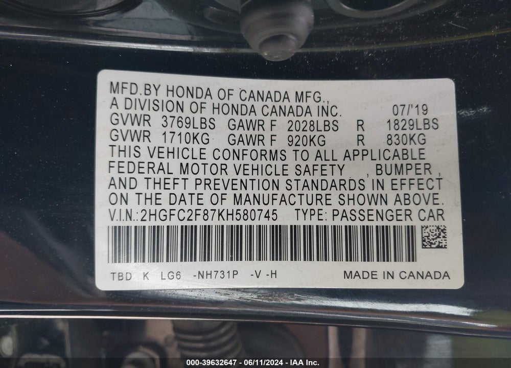 2019 HONDA CIVIC SPORT VIN: 2HGFC2F87KH580745