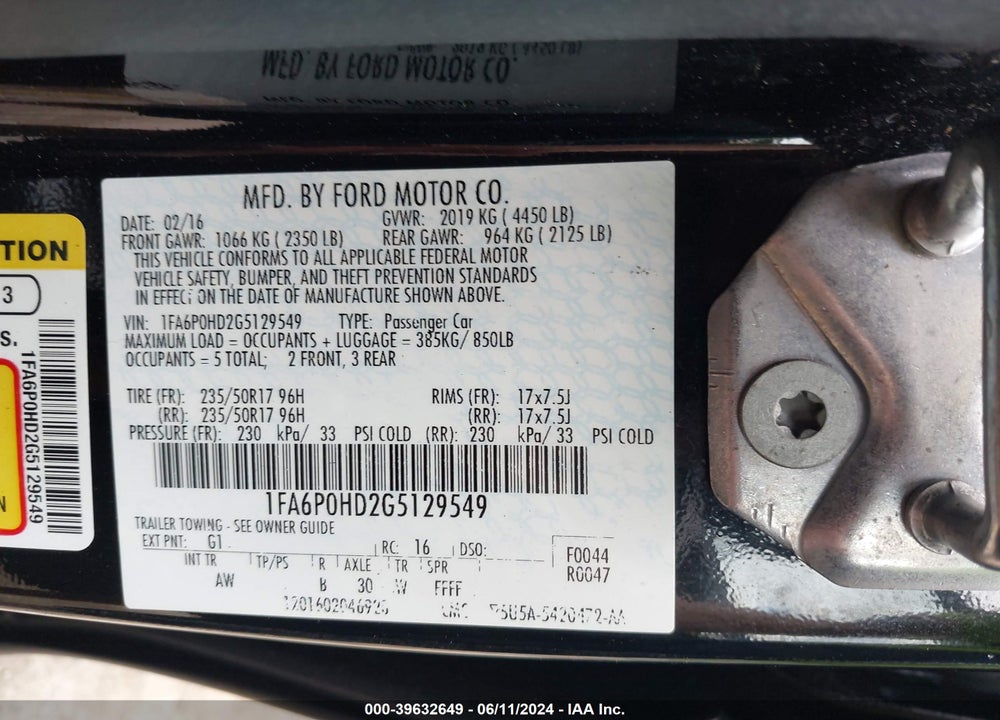 2016 FORD FUSION SE VIN: 1FA6P0HD2G5129549