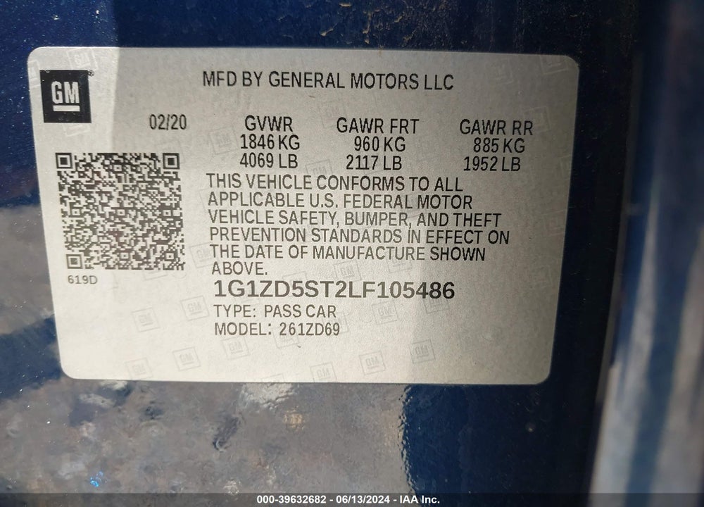 2020 CHEVROLET MALIBU FWD LT VIN: 1G1ZD5ST2LF105486