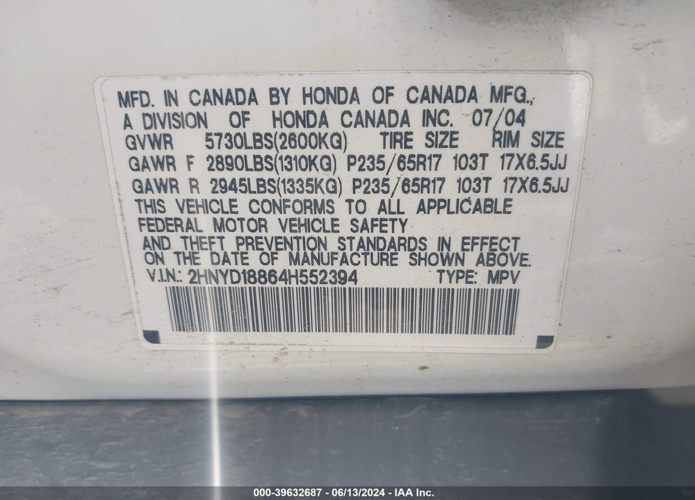 2004 ACURA MDX VIN: 2HNYD18864H552394
