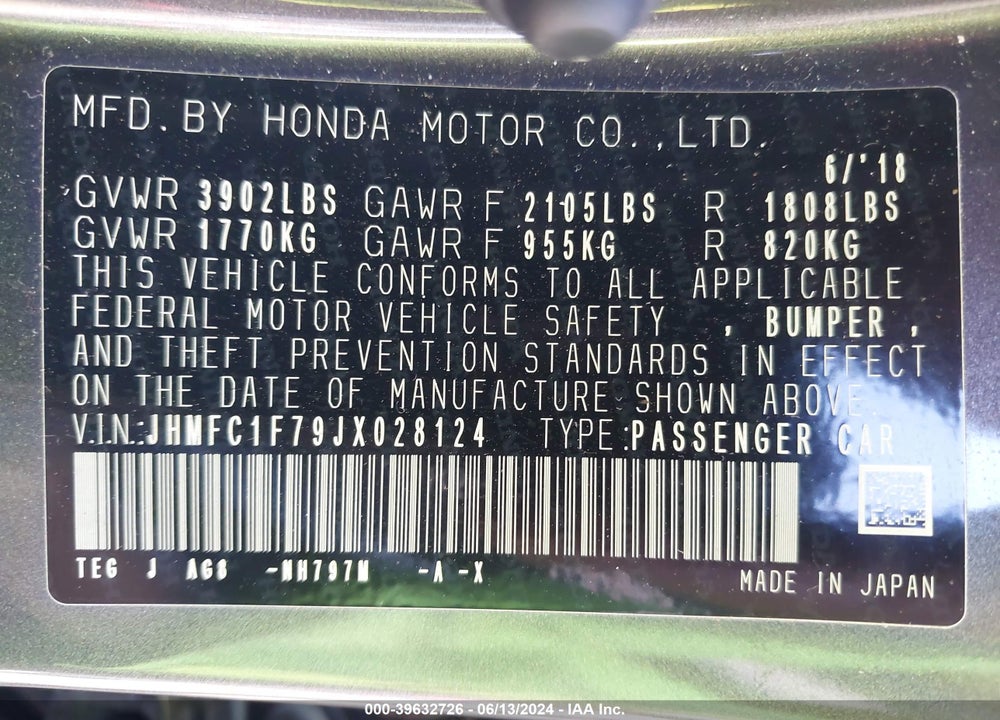 2018 HONDA CIVIC EX-L VIN: JHMFC1F79JX028124