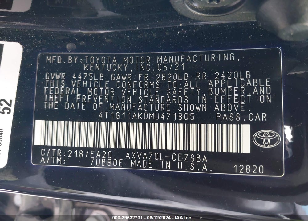 2021 TOYOTA CAMRY SE VIN: 4T1G11AK0MU471805
