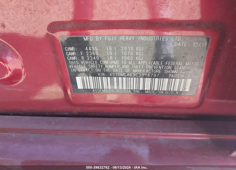 2012 SUBARU LEGACY 2.5I VIN: 4S3BMCA69C3016797