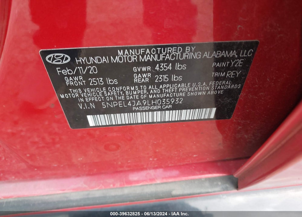 2020 HYUNDAI SONATA SEL VIN: 5NPEL4JA9LH035932