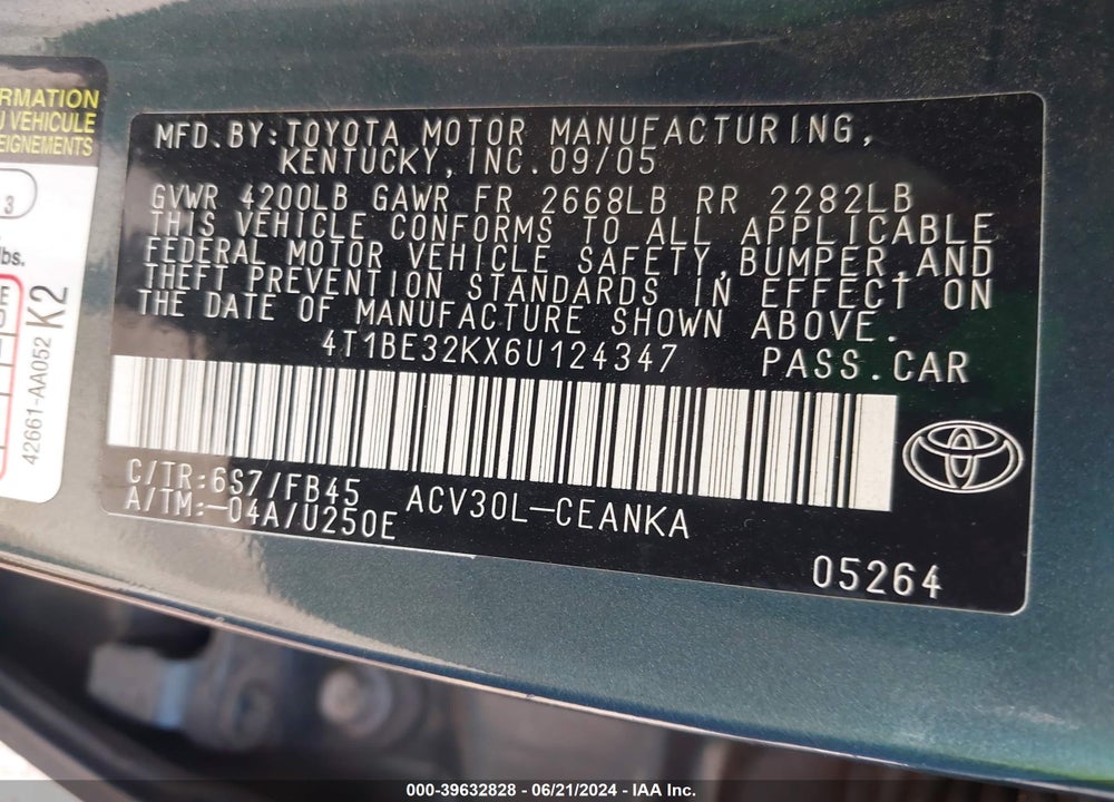 2006 TOYOTA CAMRY LE VIN: 4T1BE32KX6U124347