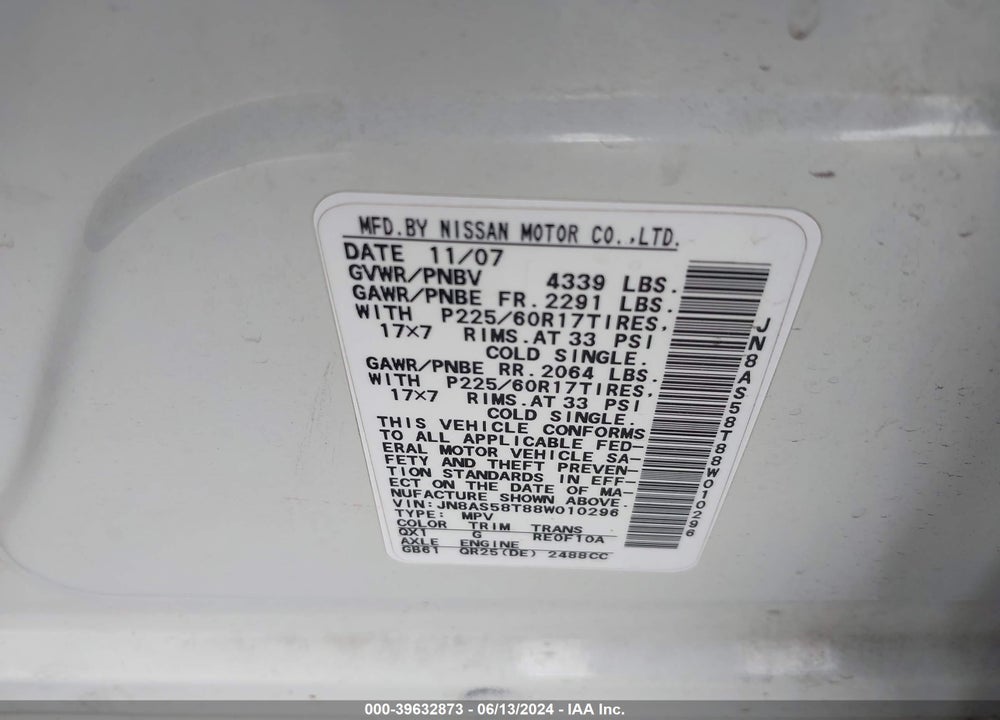2008 NISSAN ROGUE SL VIN: JN8AS58T88W010296