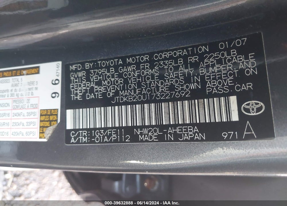 2007 TOYOTA PRIUS TOURING VIN: JTDKB20U173227692