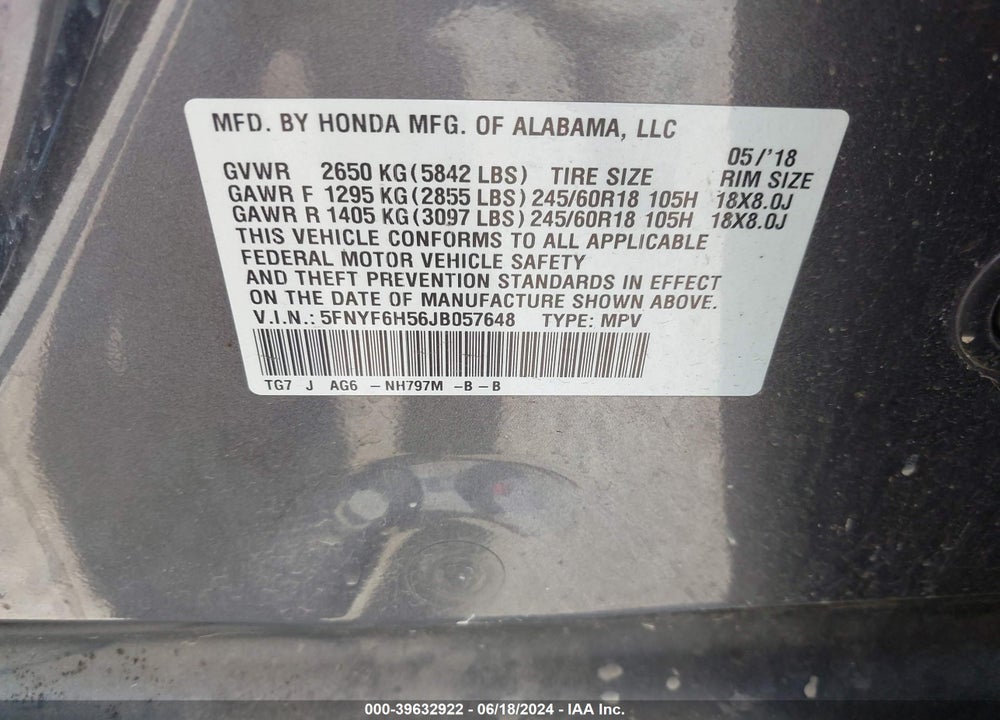 2018 HONDA PILOT EX-L VIN: 5FNYF6H56JB057648