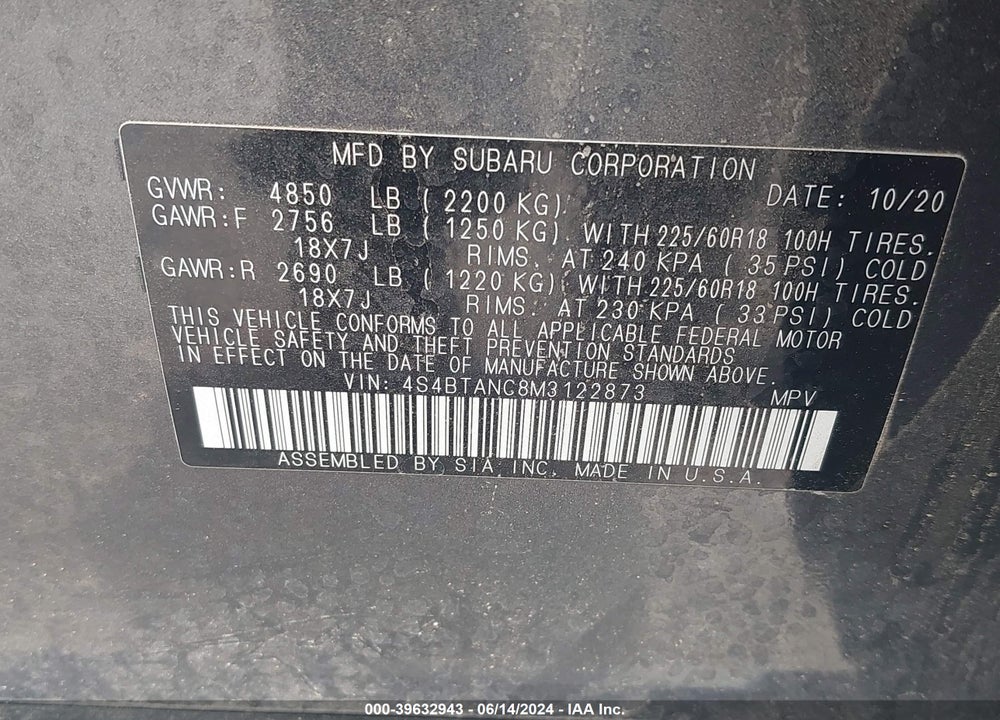 2021 SUBARU OUTBACK LIMITED VIN: 4S4BTANC8M3122873