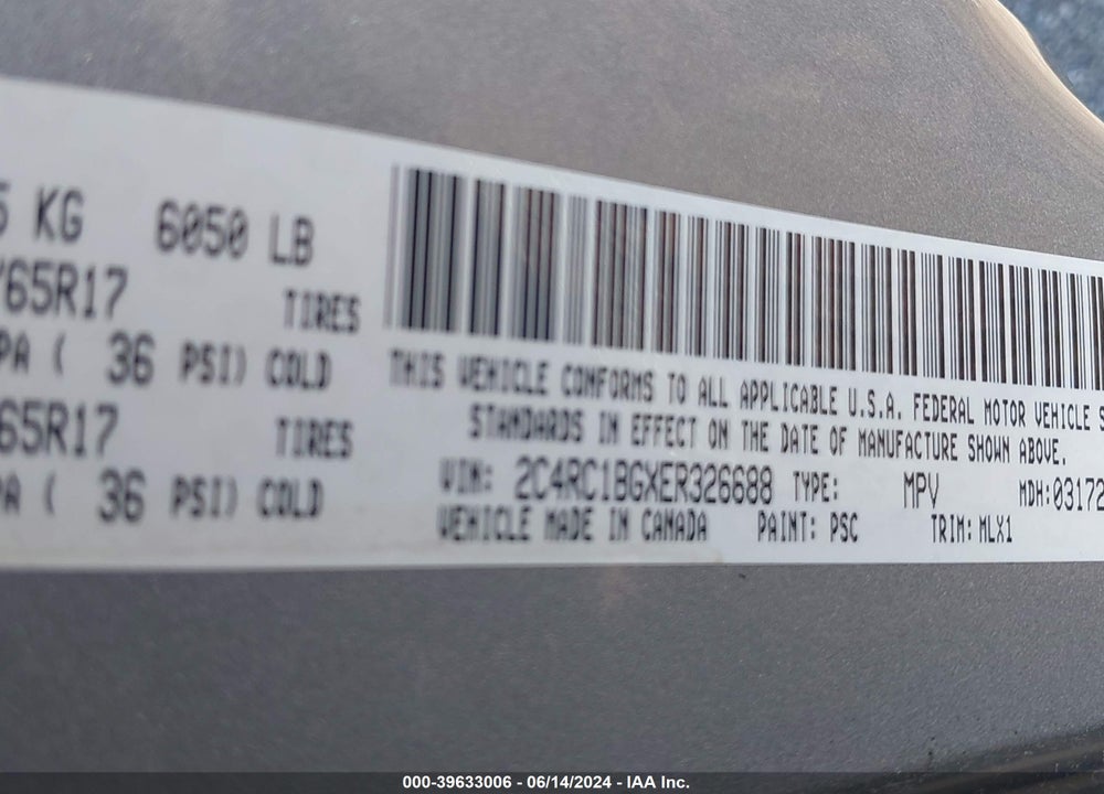 2014 CHRYSLER TOWN & COUNTRY TOURING VIN: 2C4RC1BGXER326688
