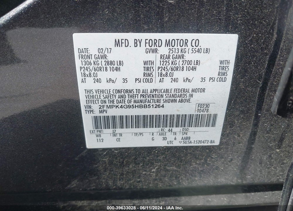 2017 FORD EDGE SE VIN: 2FMPK4G95HBB51264