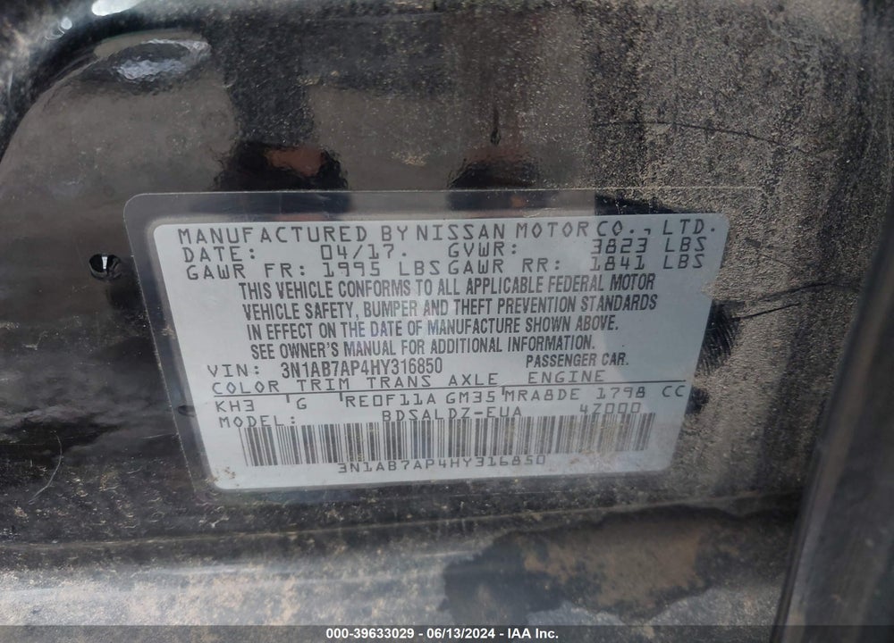 2017 NISSAN SENTRA SV VIN: 3N1AB7AP4HY316850