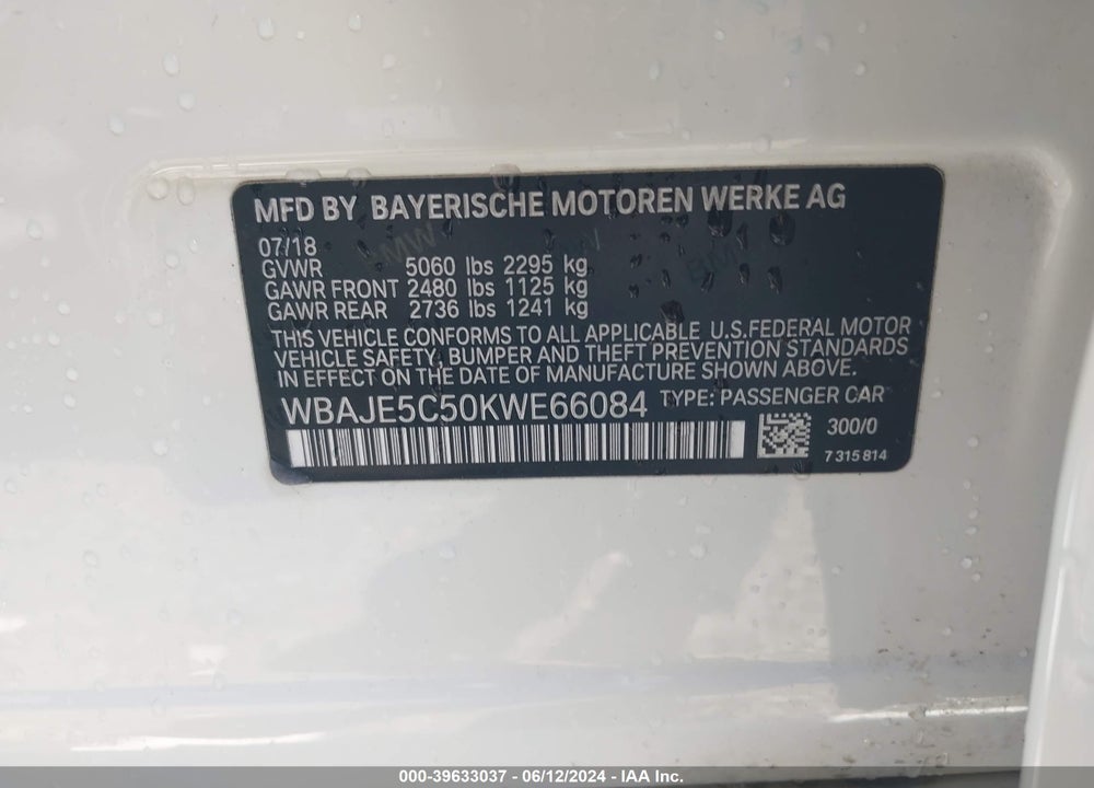 2019 BMW 540I VIN: WBAJE5C50KWE66084