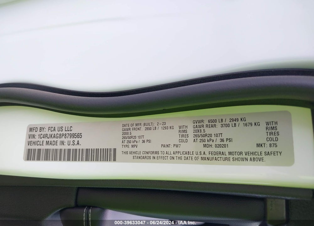 2023 JEEP GRAND CHEROKEE L ALTITUDE 4X4 VIN: 1C4RJKAG8P8799565
