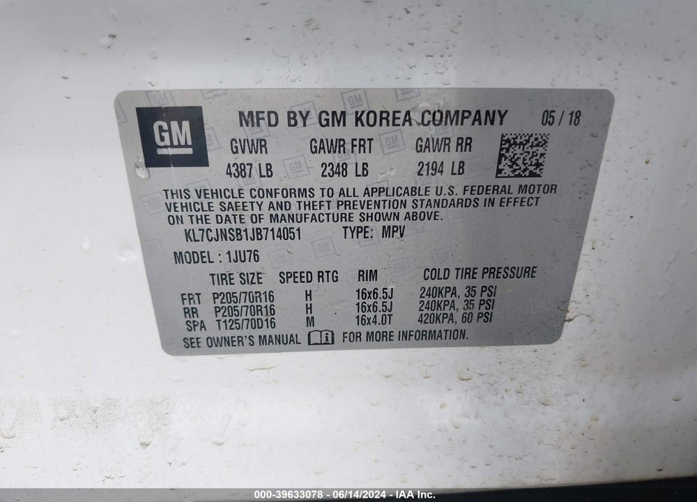 2018 CHEVROLET TRAX LS VIN: KL7CJNSB1JB714051