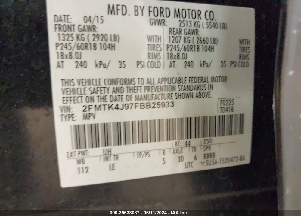 2015 FORD EDGE SEL VIN: 2FMTK4J97FBB25933