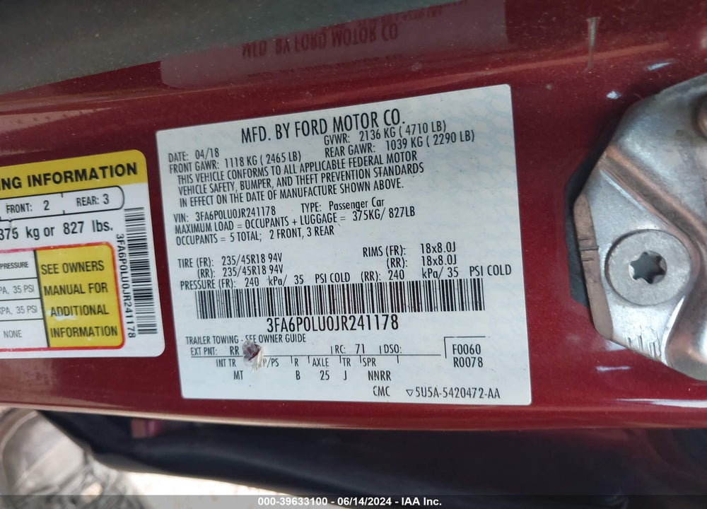 2018 FORD FUSION HYBRID SE VIN: 3FA6P0LU0JR241178