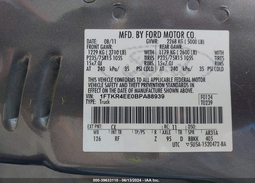 2011 FORD RANGER SPORT VIN: 1FTKR4EE0BPA88939