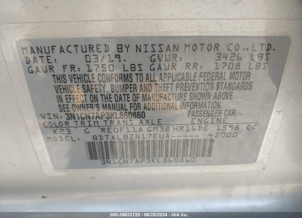 2019 NISSAN VERSA 1.6 SV VIN: 3N1CN7AP3KL860860