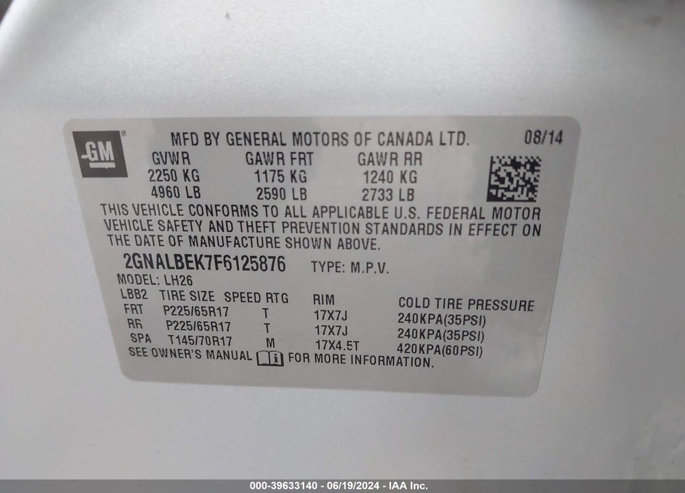 2015 CHEVROLET EQUINOX 1LT VIN: 2GNALBEK7F6125876