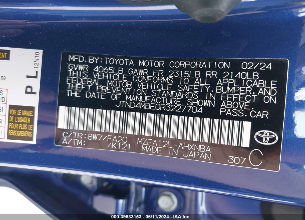 2024 TOYOTA COROLLA SE VIN: JTND4MBE0R3227704