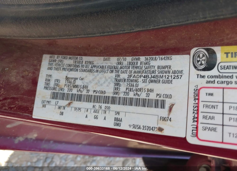2011 FORD FIESTA SE VIN: 3FADP4BJ4BM121257