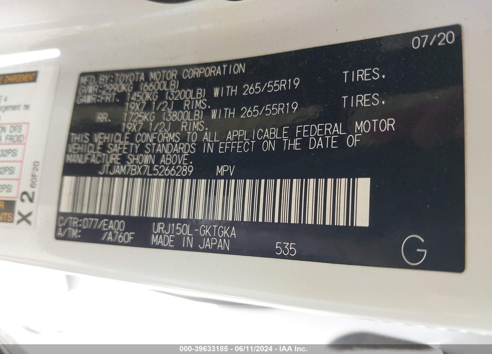 2020 LEXUS 460 PREMIUM VIN: JTJAM7BX7L5266289