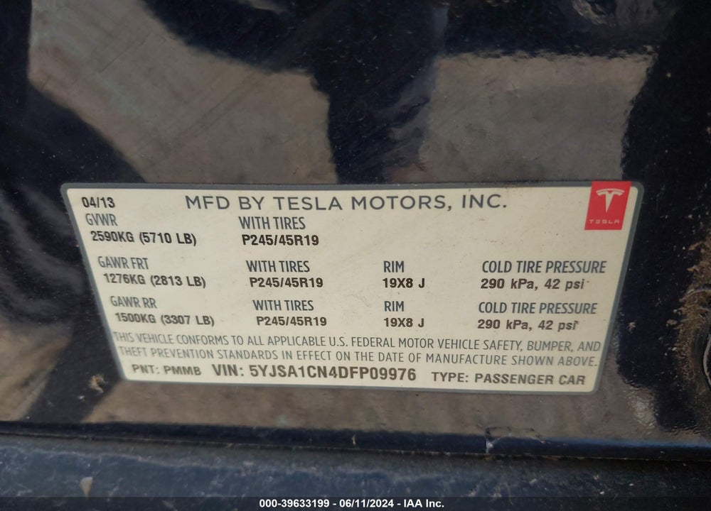 2013 TESLA MODEL S VIN: 5YJSA1CN4DFP09976