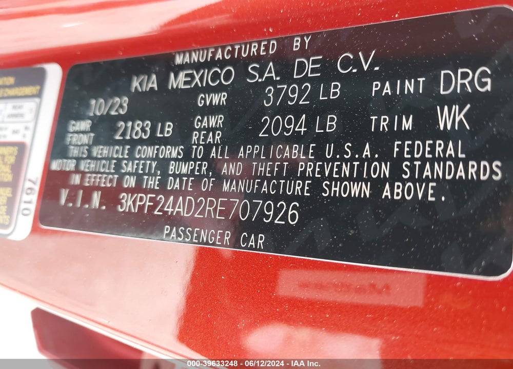 2024 KIA FORTE LXS VIN: 3KPF24AD2RE707926