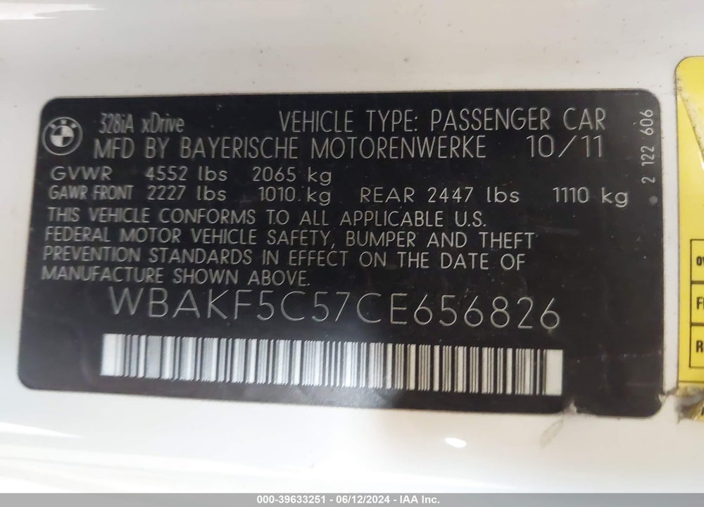 2012 BMW 328I XDRIVE VIN: WBAKF5C57CE656826