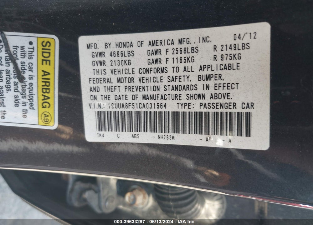 2012 ACURA TL 3.5 VIN: 19UUA8F51CA031564