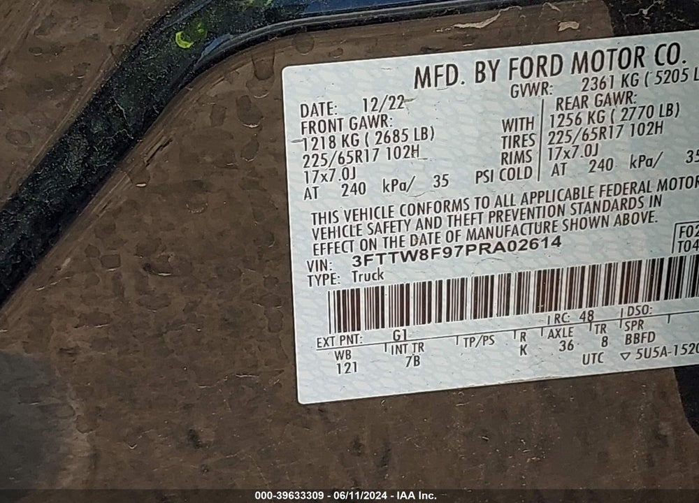 2023 FORD MAVERICK XLT VIN: 3FTTW8F97PRA02614