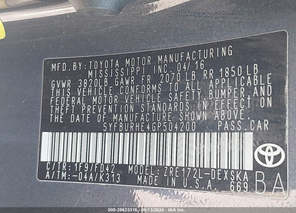 2016 TOYOTA COROLLA S PLUS VIN: 5YFBURHE4GP504200