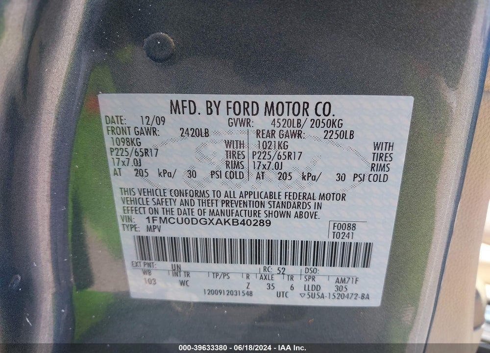 2010 FORD ESCAPE XLT VIN: 1FMCU0DGXAKB40289