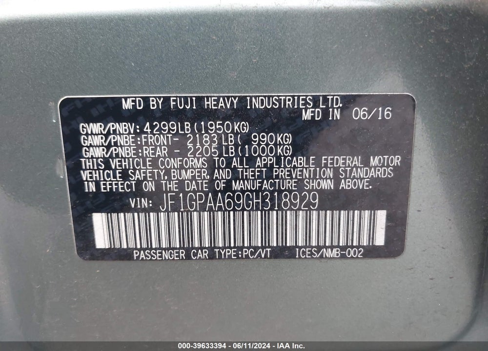 2016 SUBARU IMPREZA 2.0I VIN: JF1GPAA69GH318929