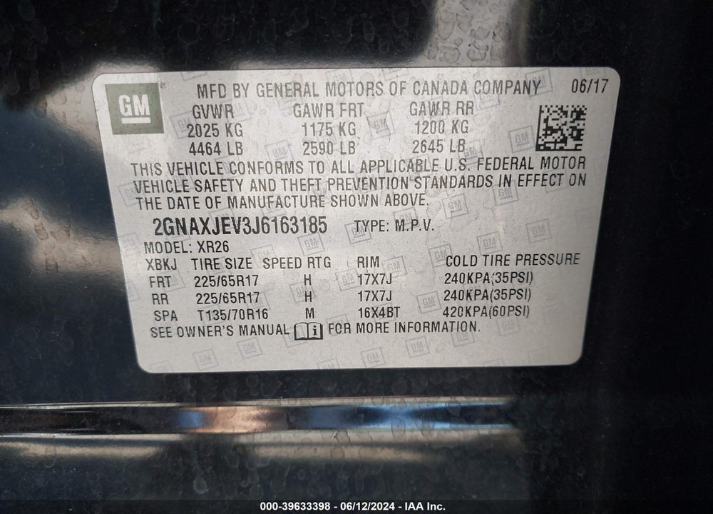 2018 CHEVROLET EQUINOX LT VIN: 2GNAXJEV3J6163185