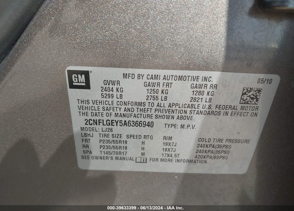 2010 CHEVROLET EQUINOX LTZ VIN: 2CNFLGEY5A6366940