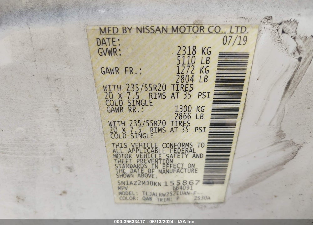 2019 NISSAN MURANO SL VIN: 5N1AZ2MJ0KN155867