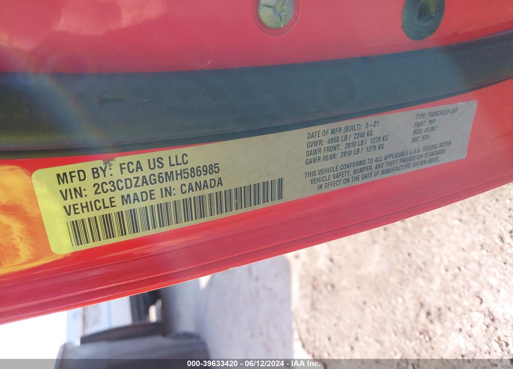 2021 DODGE CHALLENGER SXT VIN: 2C3CDZAG6MH586985